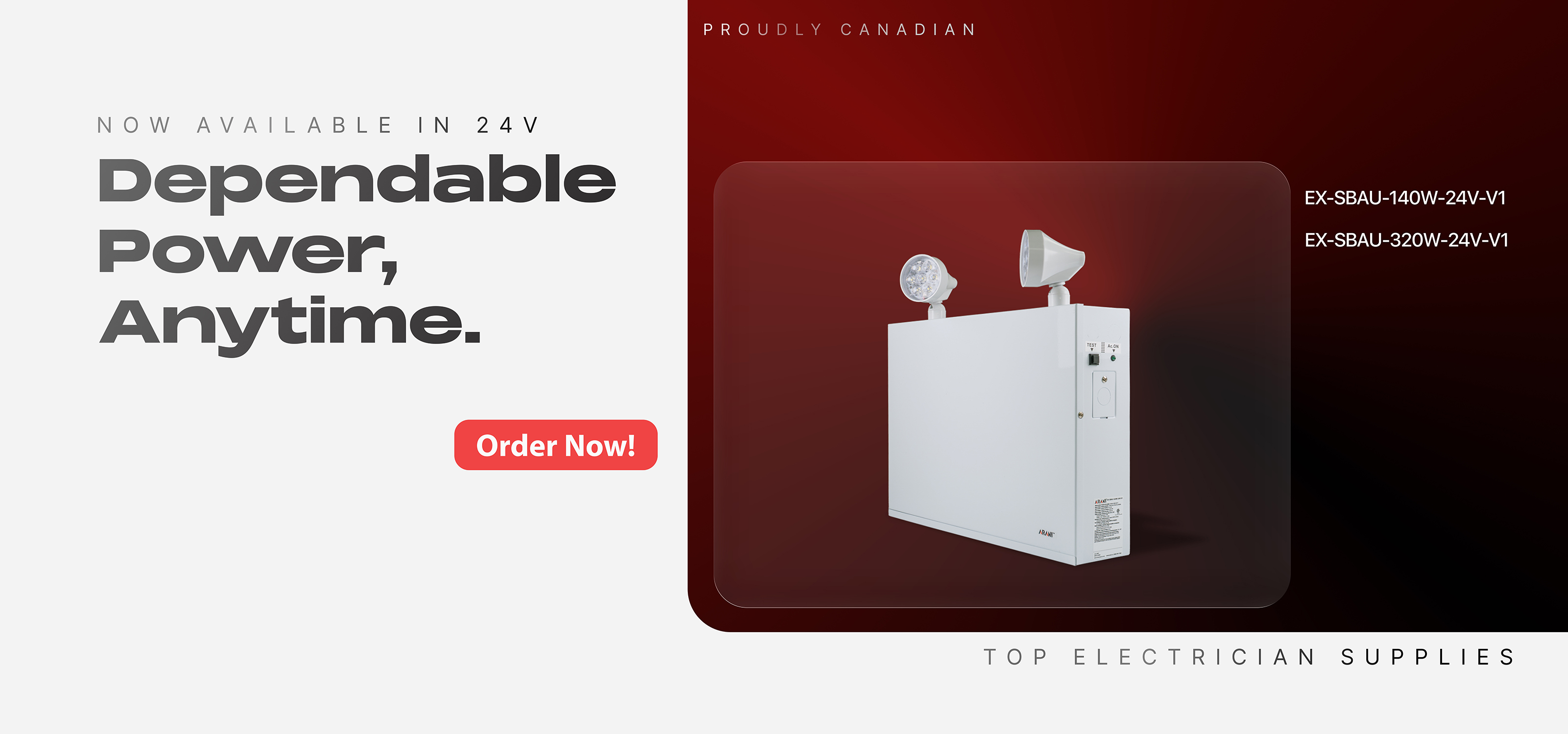 white emergency lighting unit with two adjustable lamps, promoted as dependable power anytime, now available in 24v.