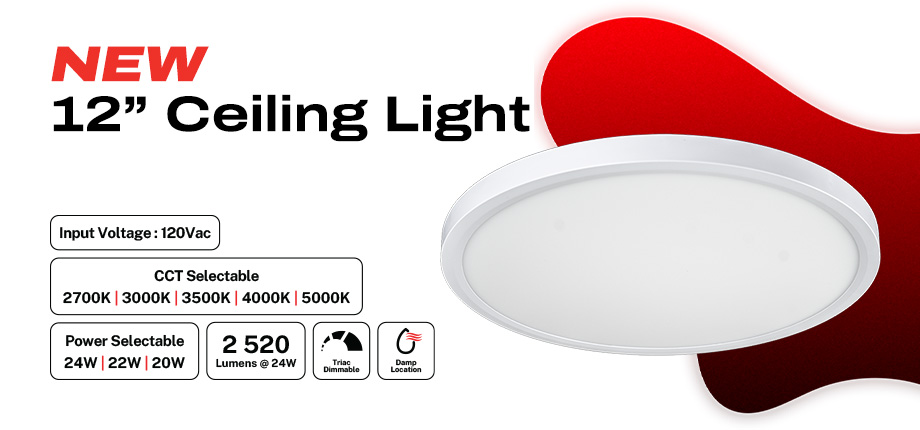 New 12 Inch LED ceiling light with selectable CCT and wattage, 2,520 lumens