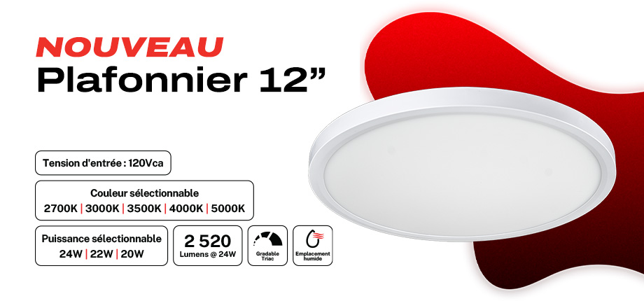 Nouveau plafonnier DEL 12 pouce avec couleur et puissance sélectionnables, 2 520 lumens