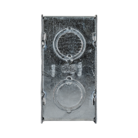 Back view of the Arani ED-MBD-1K one-gang masonry box showing two knockouts and the gangable side tabs