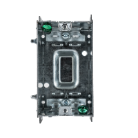 Front view of the Arani ED-NGB-2004-LH device box showing the two green ground screws, cable clamps and positioning tabs