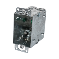 Arani 1004-L gangable device box, 3 in deep, NMD90, ears, three-quarter view with mounting ears and internal cable clamps