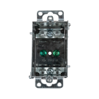 Arani 1004-L gangable device box, 3 in deep, NMD90, ears, front view with two green grounding screws inside