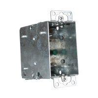 Arani 1004-L gangable device box, 3 in deep, NMD90, ears, rear three-quarter view with slotted rear panel and mounting ears