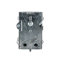 Arani 1004-L gangable device box, 3 in deep, NMD90, ears, side view with clamp screw and octagonal end knockouts