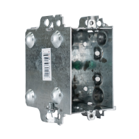 Arani 1004-LH gangable device box, 3 in deep, NMD90, no ears, rear three-quarter view with SKU label on dimpled side wall
