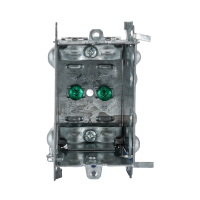 Arani 1004-LH gangable device box, 3 in deep, NMD90, no ears, front view with two green grounding screws centred inside