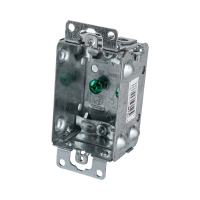 Arani 1100-L gangable device box, 1-1/2 in deep, NMD90, ears, three-quarter view with green grounding screws