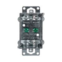 Arani 1100-L gangable device box, 1-1/2 in deep, NMD90, ears, front view with two green grounding screws between clamps