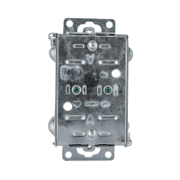 Arani 1100-L gangable device box, 1-1/2 in deep, NMD90, ears, rear view with clamp slots and green screw tips
