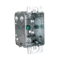 Arani 1102-L gangable device box, 2 in deep, NMD90, ears, rear three-quarter view with dimpled knockouts
