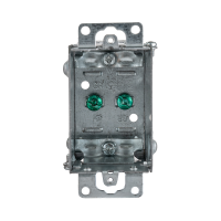 Arani 1102-L gangable device box, 2 in deep, NMD90, ears, front view with two green grounding screws in floor