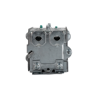 Arani 1102-L gangable device box, 2 in deep, NMD90, ears, side view with two open octagonal end knockouts