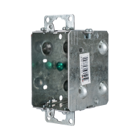 Arani 1104-K gangable device box, 2-1/2 in deep, knockouts, recessed ears, three-quarter view with barcode label on side wall