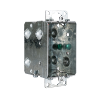 Arani 1104-K gangable device box, 2-1/2 in deep, knockouts, recessed ears, rear three-quarter view with side-wall knockouts