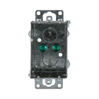 Arani 1104-K gangable device box, 2-1/2 in deep, knockouts, recessed ears, front view with two green grounding screws centred