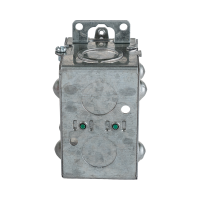 Arani 1104-K gangable device box, 2-1/2 in deep, knockouts, recessed ears, rear view with bracket over rear knockout opening