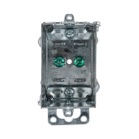 Arani 1104-L gangable device box, 2-1/2 in deep, NMD90, ears, front view with green grounding screws between clamps