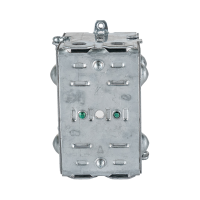 Arani 1104-L gangable device box, 2-1/2 in deep, NMD90, ears, rear view with rear panel embossed slots and screws