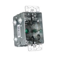 Arani 1104-LA gangable device box, 2-1/2 in deep, AC90, ears, rear three-quarter view with barcode label