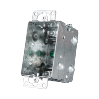 Arani 1104-LA gangable device box, 2-1/2 in deep, AC90, ears, three-quarter view with stud bracket folded out at top