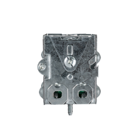 Arani 1104-LA gangable device box, 2-1/2 in deep, AC90, ears, bottom view with two clamp openings and nail tip