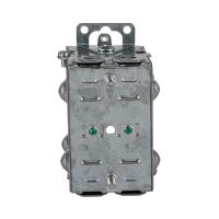 Arani 1104-LA gangable device box, 2-1/2 in deep, AC90, ears, rear view: rear slots with green grounding screws