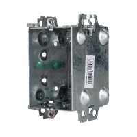 Arani 1104-LH gangable device box, 2-1/2 in deep, 12.5 cu in, no ears, three-quarter view with barcode label and side dimples