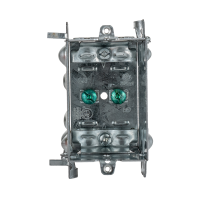 Arani 1104-LH gangable device box, 2-1/2 in deep, 12.5 cu in, no ears, front view with green grounding screws and clamps