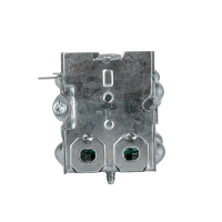 Arani 1104-LH gangable device box, 2-1/2 in deep, 12.5 cu in, no ears, bottom view with two clamp openings