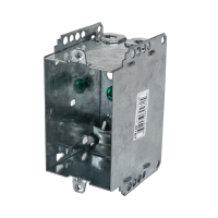 Arani 2104-LLE 1-gang device box, 2-1/2 in deep, NMD90, three-quarter view with green grounding screws and bracket label