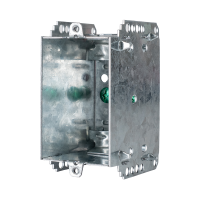 Arani 2104-LLE 1-gang device box, 2-1/2 in deep, NMD90, three-quarter view with nail-in tabs on side bracket