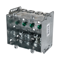 Arani 2104-LLE-2 2-gang device box, 2-1/2 in deep, NMD90, three-quarter view with four clamp collars along top wall