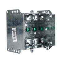 Arani 2104-LLE-2 2-gang device box, 2-1/2 in deep, NMD90, rear three-quarter view with barcode label on stud bracket plate