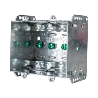 Arani 2104-LLE-2 2-gang device box, 2-1/2 in deep, NMD90, three-quarter view: open front with side bracket plate