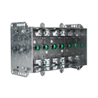 Arani 2104-LLE-3 3-gang device box, 2-1/2 in deep, NMD90, three-quarter view: left bracket plate with nail tabs