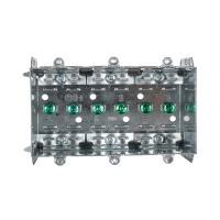 Arani 2104-LLE-3 3-gang device box, 2-1/2 in deep, NMD90, front view with six green grounding screws in a row