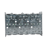 Arani 2104-LLE-3 3-gang device box, 2-1/2 in deep, NMD90, rear view with grounding screw tips and clamp embossments