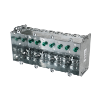 Arani 2104-LLE-4 4-gang device box, 2-1/2 in deep, NMD90, three-quarter view with eight clamp collars along top wall