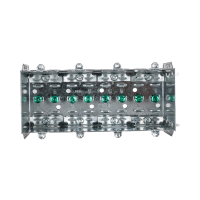 Arani 2104-LLE-4 4-gang device box, 2-1/2 in deep, NMD90, front view with eight green grounding screws in a row