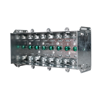Arani 2104-LLE-4 4-gang device box, 2-1/2 in deep, NMD90, three-quarter view: long open front with end bracket