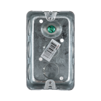 Arani 1110 utility box, 1-7/8 in deep, 16.5 cu in, knockouts, front view with green grounding screw and mounting ears