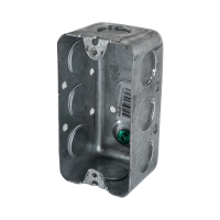 Arani 2020 utility box, 1-7/8 in deep, 14 cu in, knockouts, three-quarter view with green grounding screw and barcode label