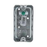 Arani 2020 utility box, 1-7/8 in deep, 14 cu in, knockouts, front view with green grounding screw and deep interior