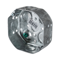 Arani 54151-K octagon junction box, 1-1/2 in deep, knockouts, three-quarter view with green grounding screw in the floor