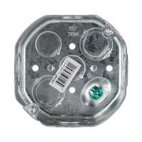 Arani 54151-K octagon junction box, 1-1/2 in deep, knockouts, front view with grounding screw and floor knockouts