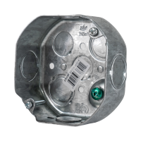 Arani 54151-K octagon junction box, 1-1/2 in deep, knockouts, three-quarter view with grounding screw beside side knockout
