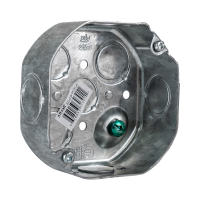 Arani 54151-K octagon junction box, 1-1/2 in deep, knockouts, three-quarter view with open octagon front and grounding screw