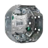 Arani 54151-L octagon junction box, 1-1/2 in deep, NMD90, three-quarter view with cable clamps top and bottom