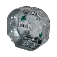 Arani 54151-LA octagon junction box, 1-1/2 in deep, AC90, three-quarter view with armoured cable clamps in the floor
